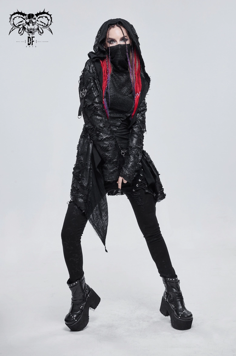 Gothic hooded cape styled view showing layered frayed details and metal accents