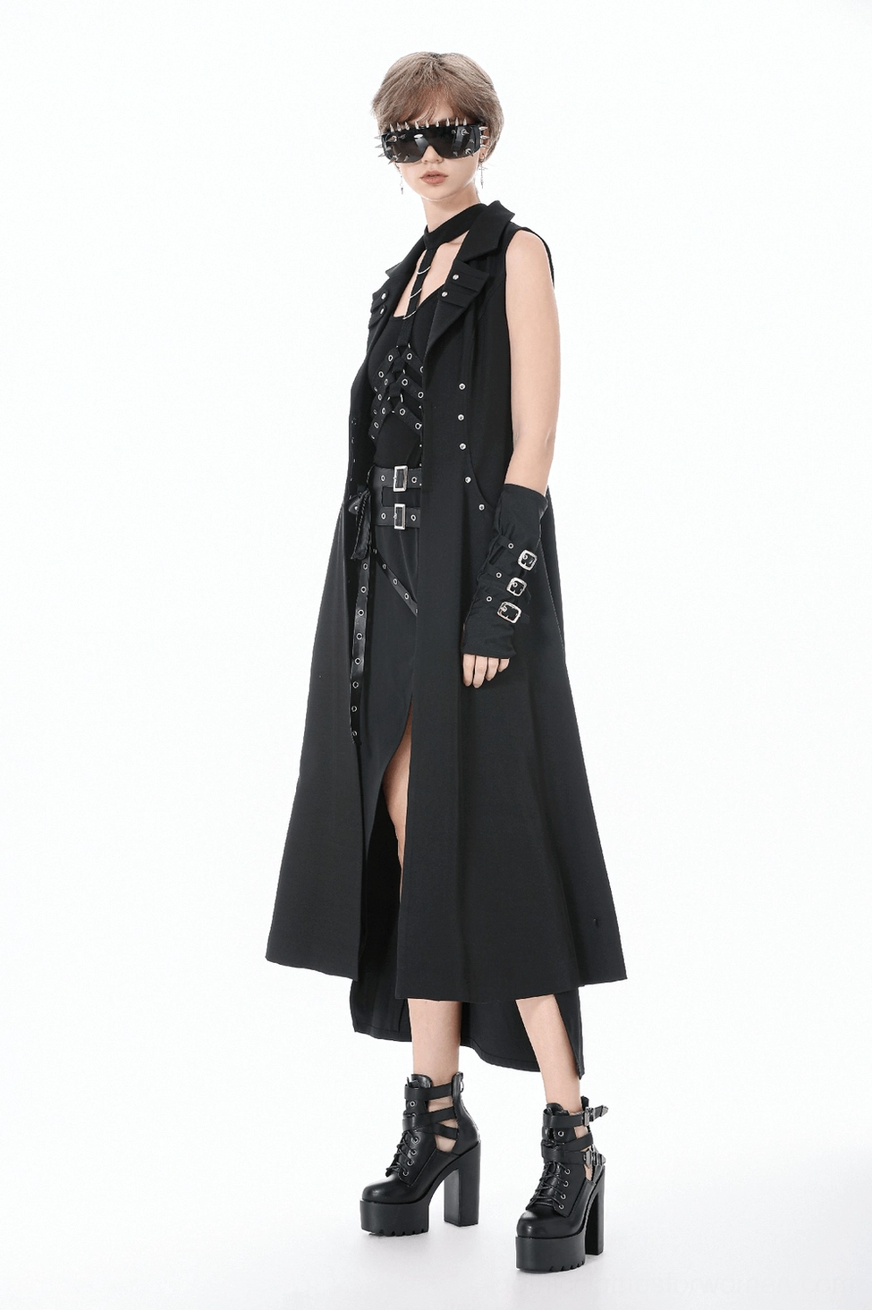 Studded gothic cape layering opportunity - sleeveless design suitable for layering over various outfits