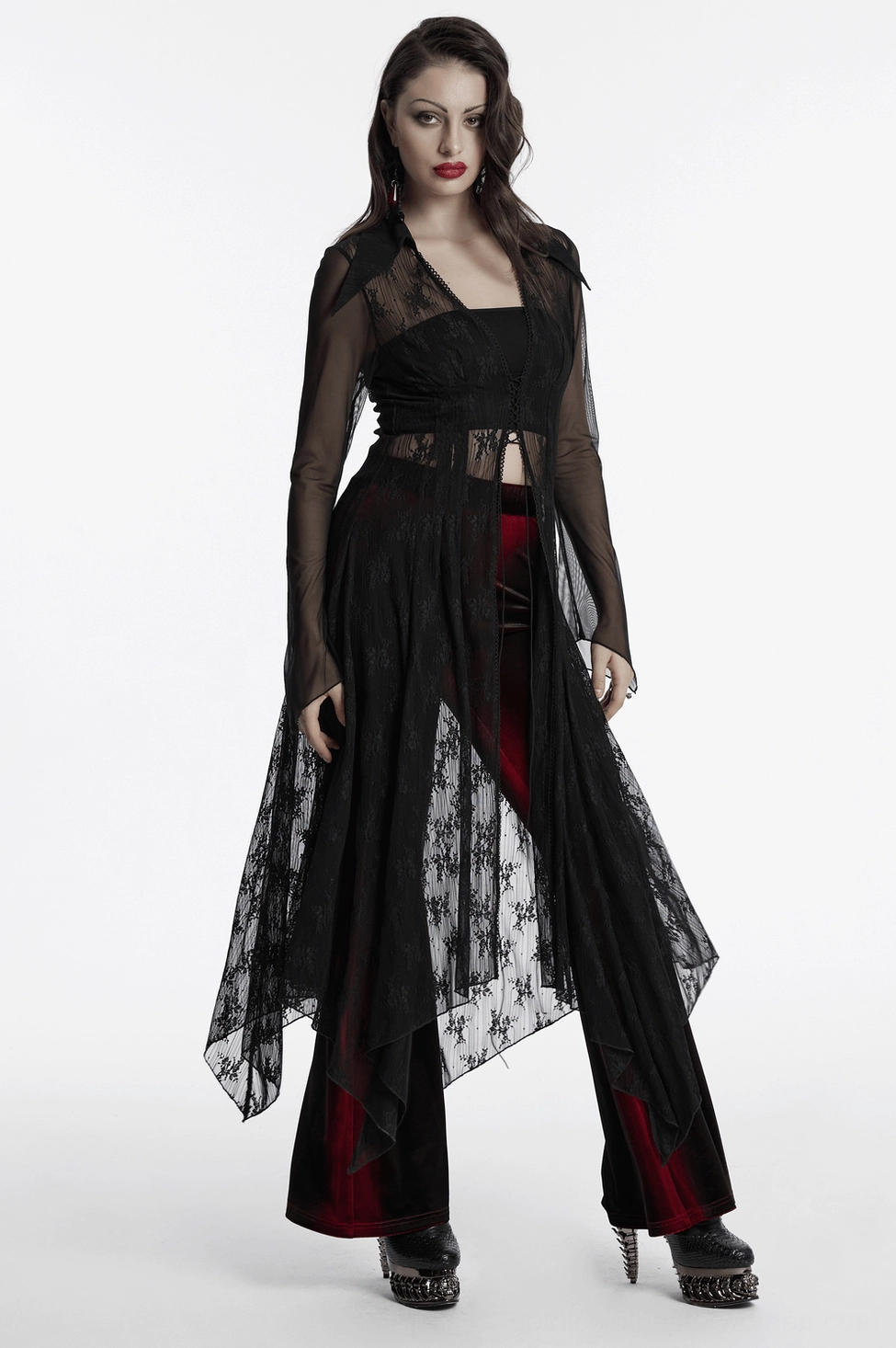 Black gothic sheer lace cape layered styling inspiration with dark academia aesthetic