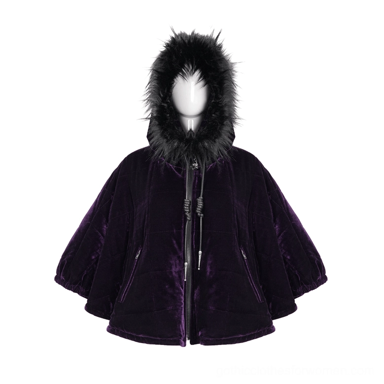 Gothic hooded velvet cape displayed on mannequin front view showing flared silhouette and faux fur trim