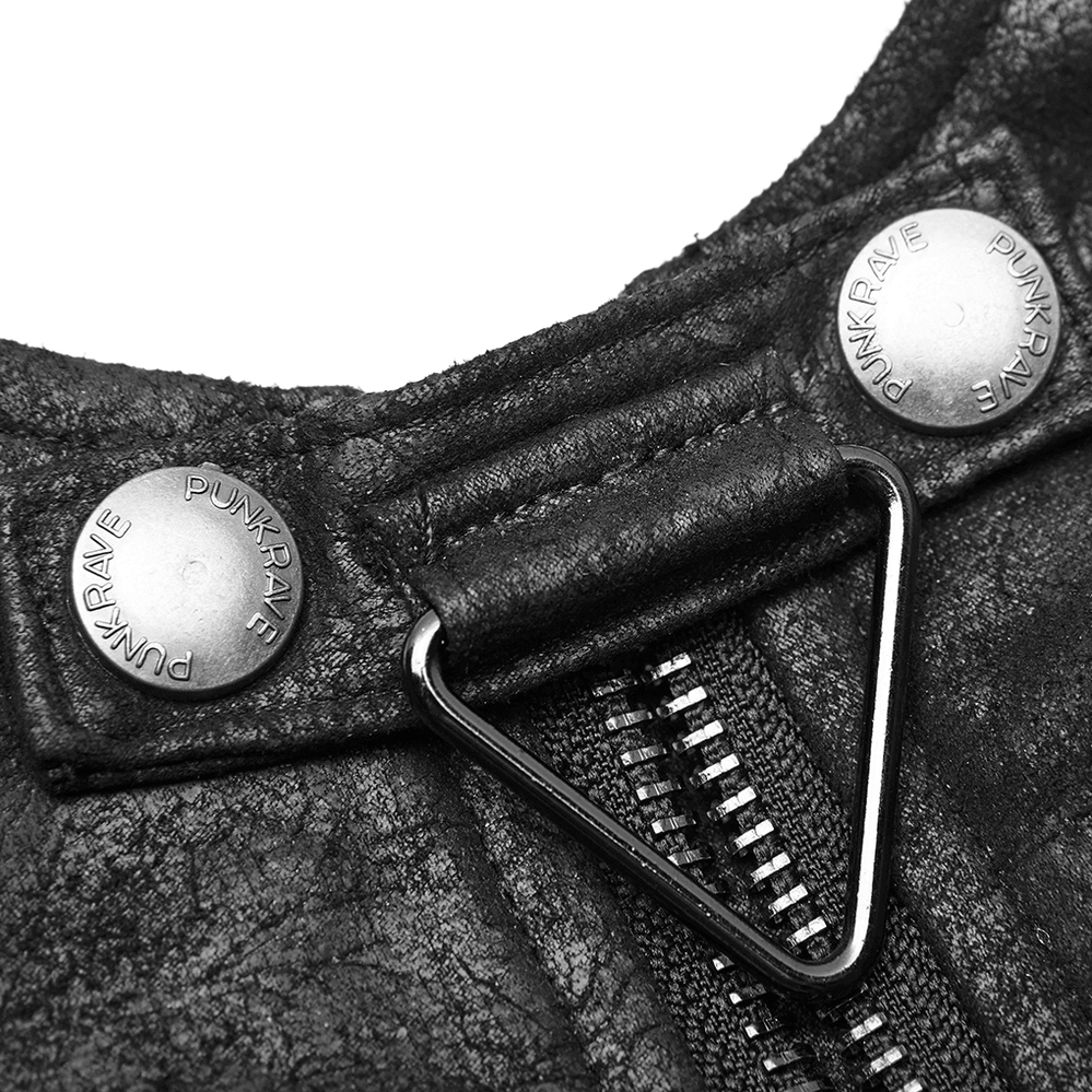 Detail shot of branded metal buttons on cracked PU fabric with triangle zipper accent