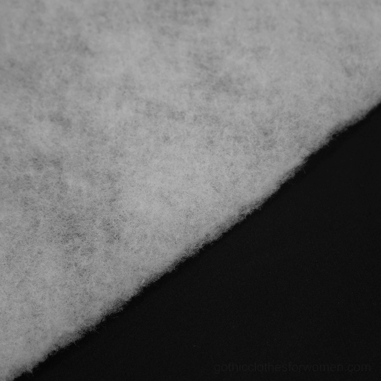 Gothic velvet cape detail view of metallic moon zipper pull and front closure mechanism
