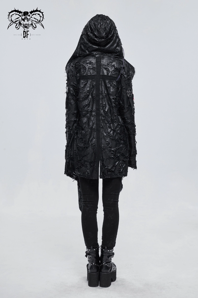 Black gothic cape displaying asymmetrical cut, irregular hemline, and metal pentagram hardware