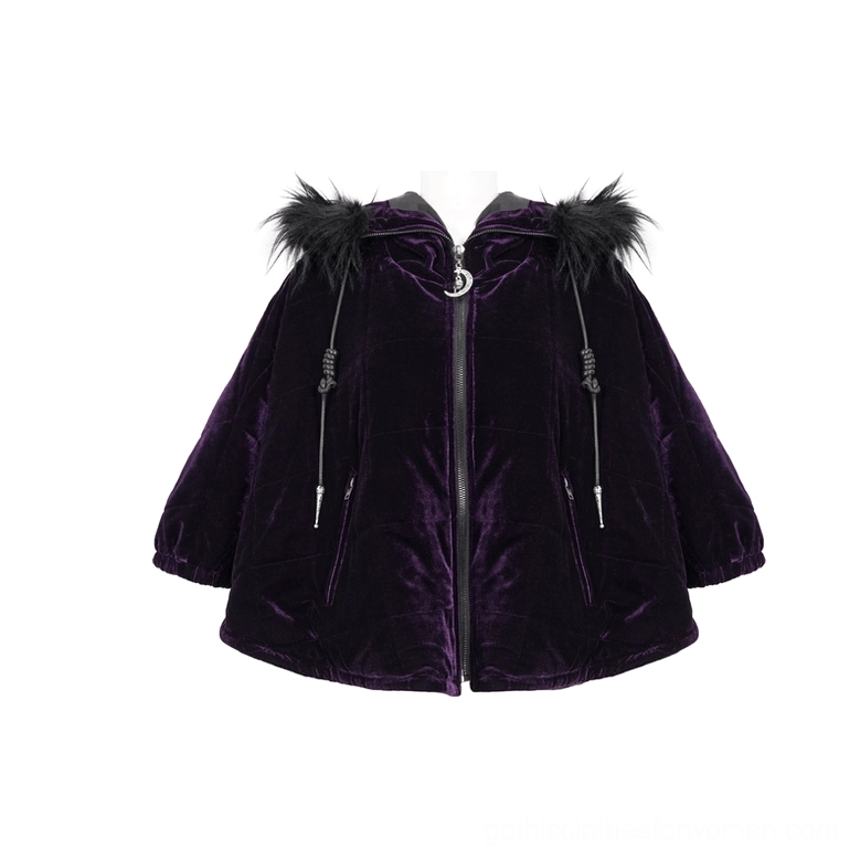 Flat lay front view of gothic purple velvet cape featuring moon-shaped zipper pull and front closure