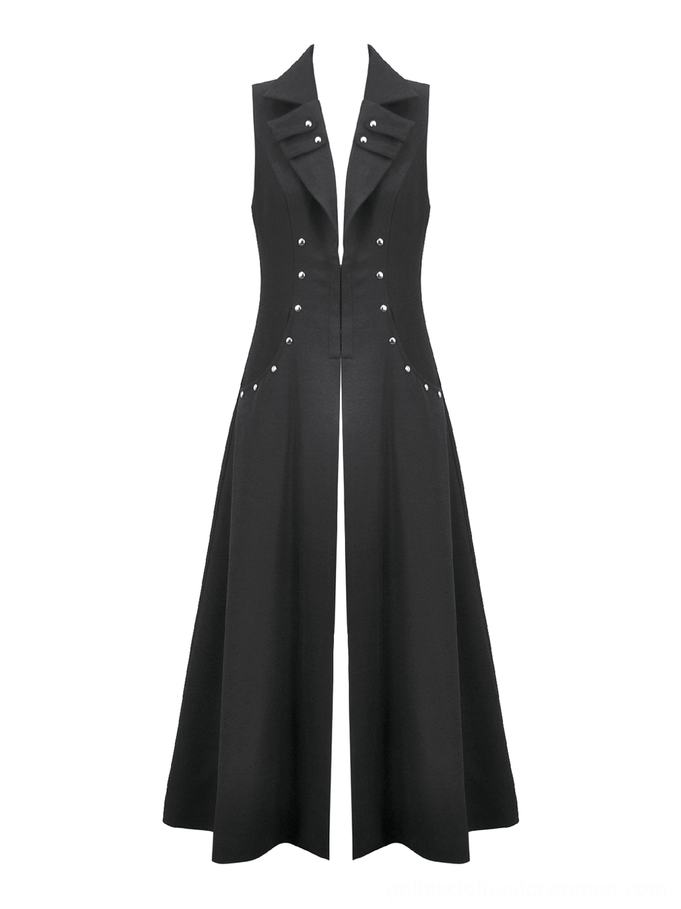 Open front gothic cape flat lay - silver stud embellishments and notched lapel collar on black fabric