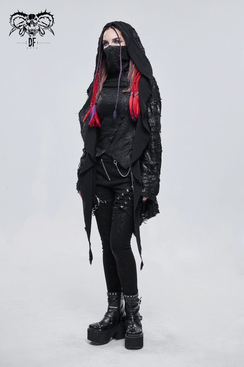 Three-quarter angle shot of black gothic cape with oversized hood and distressed fabric texture