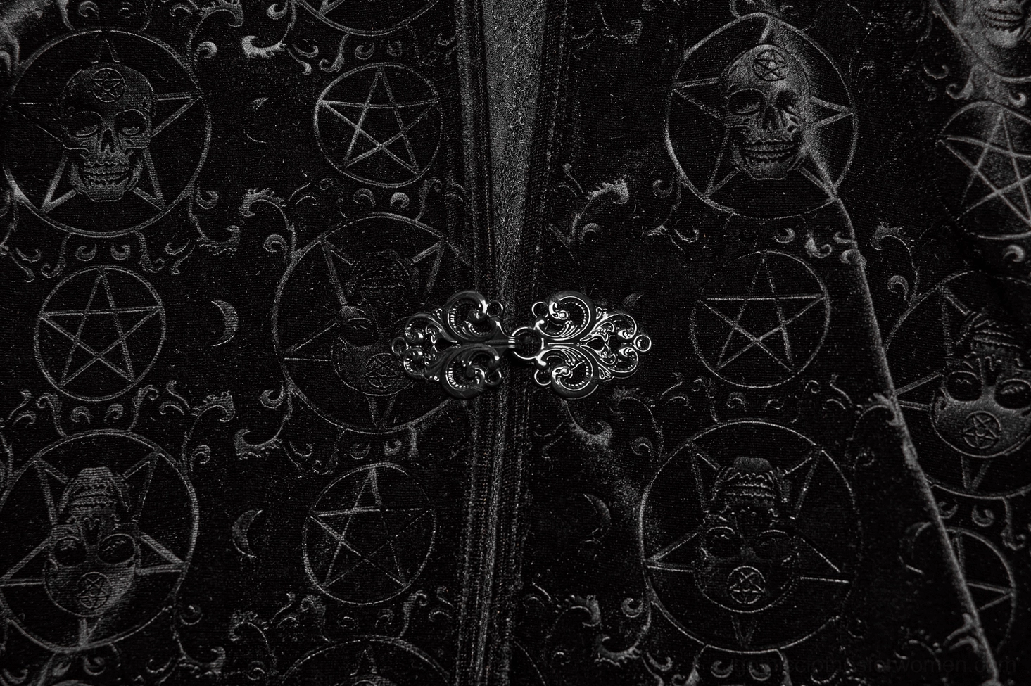 Pentagram buckle closure detail on black velvet gothic cape shawl