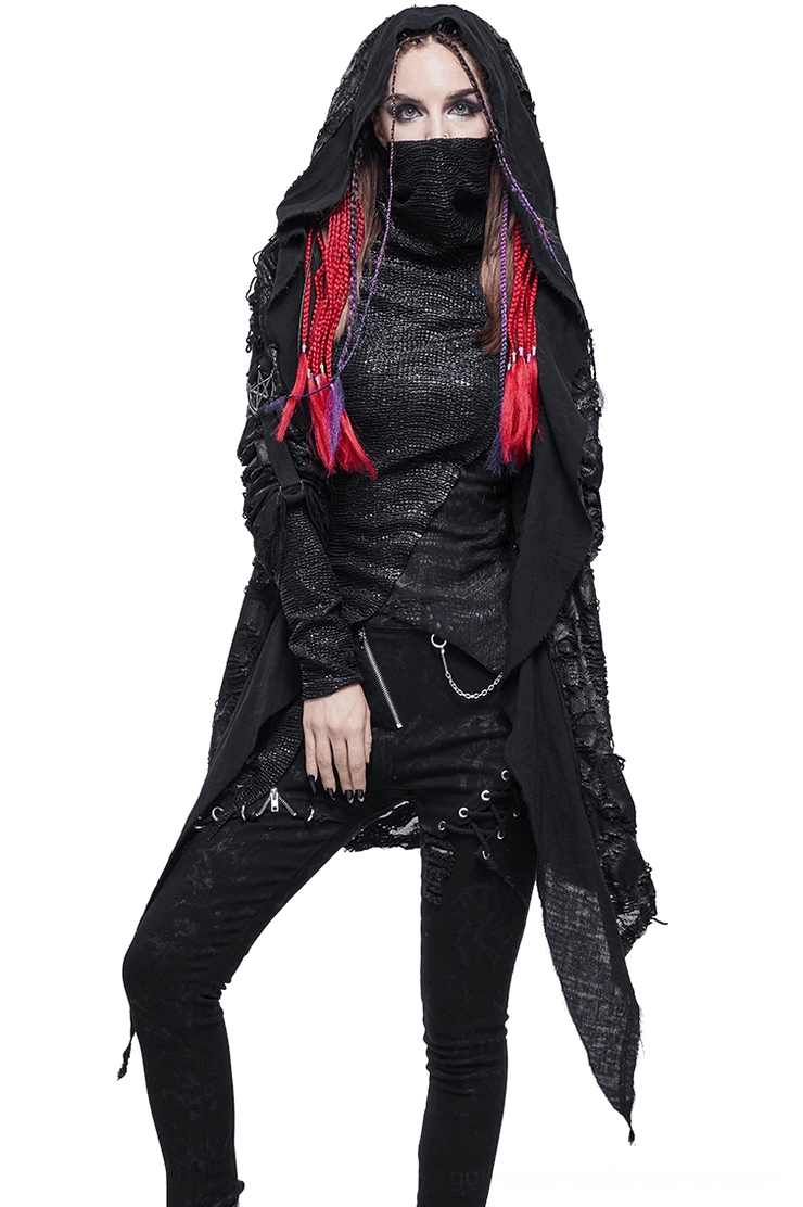 Black asymmetrical gothic cape with oversized hood and metal pentagram details, front three-quarter view worn by model with red dreadlock extensions