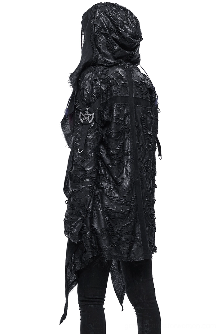Rear view of black irregular gothic hooded cape showing pentagram arm patch and distressed frayed hem details