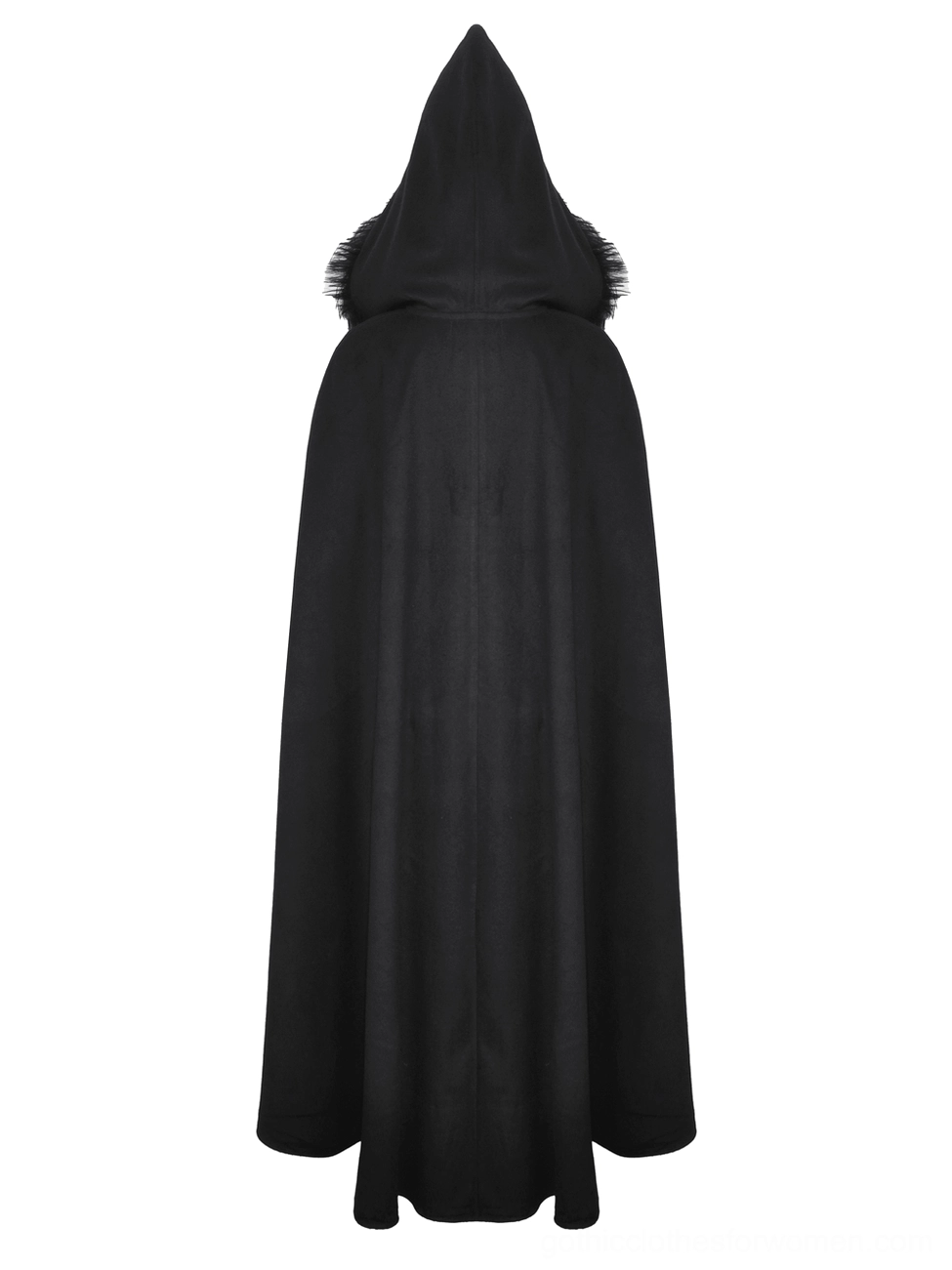 Rear flat lay of black gothic hooded cape displaying back silhouette and flowing design