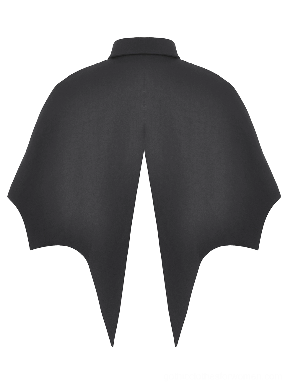 Rear flat lay view of black vampire cape featuring solid matte fabric finish, split center back construction, and pointed bat-shaped hemline