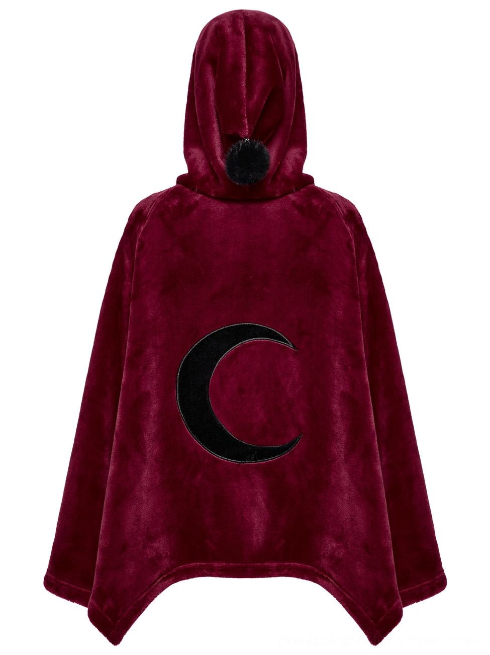 Rear flat lay of burgundy velvet hooded cape featuring black crescent moon embroidery and faux fur pompom accent