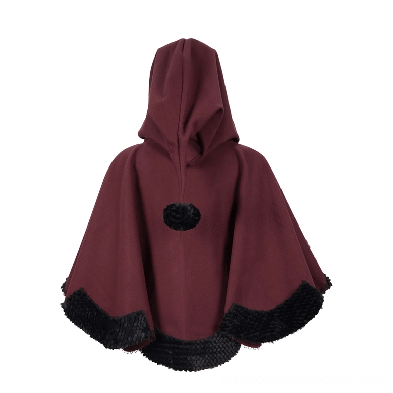 Red gothic cape rear flat view displaying single pom-pom on hood back and scalloped black fur hem