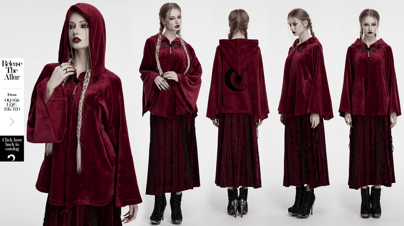 Three-quarter rear view of burgundy velvet hooded cape with black moon embroidery and side pocket visible