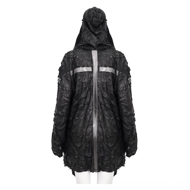 Rear view of black gothic cape with central back stripe detail and hooded construction