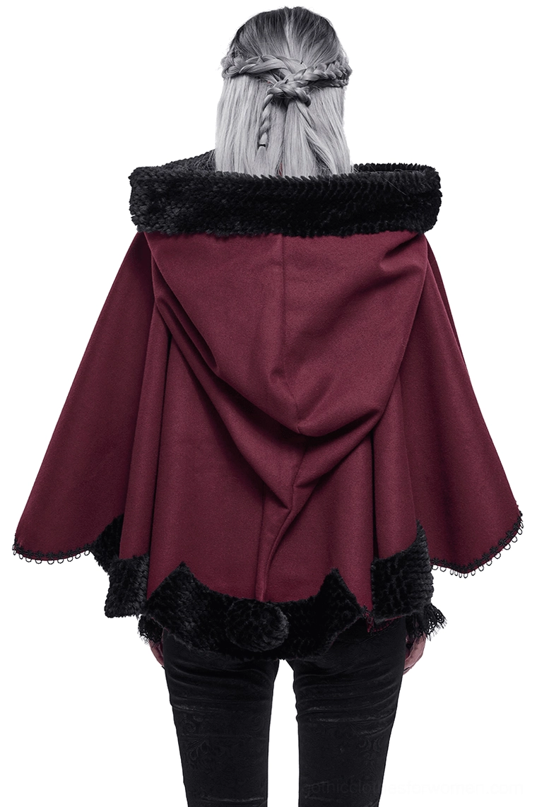 Red gothic cape rear full view showing scalloped hemline with black fur and adjustable hood