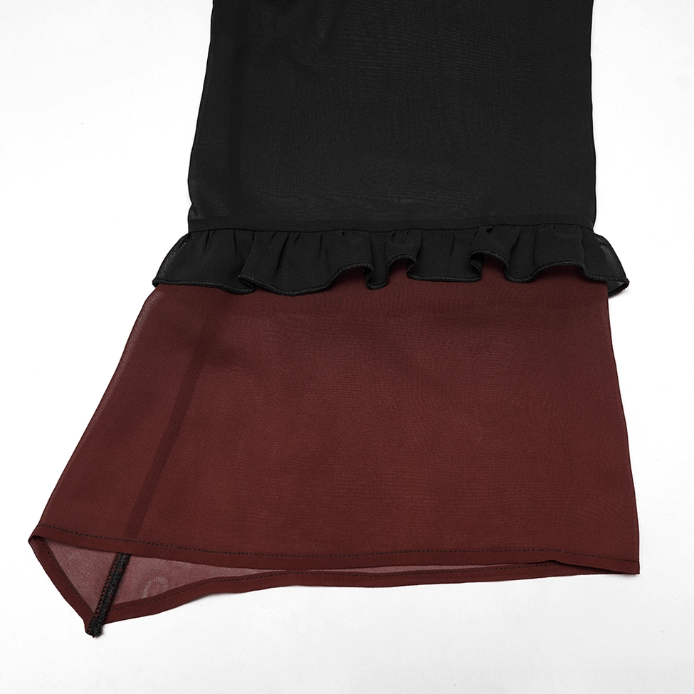 Close-up texture detail of ruffled cuff and wine-burgundy ombre hem on sheer gothic chiffon cape