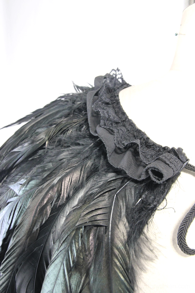 Gothic shoulder cape ruffled lace collar detail with iridescent feather texture close-up view