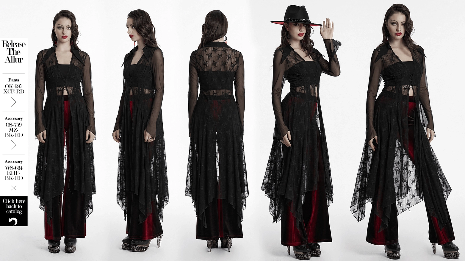 Black gothic lace cape side detail view emphasizing the asymmetrical hem and transparent mesh construction