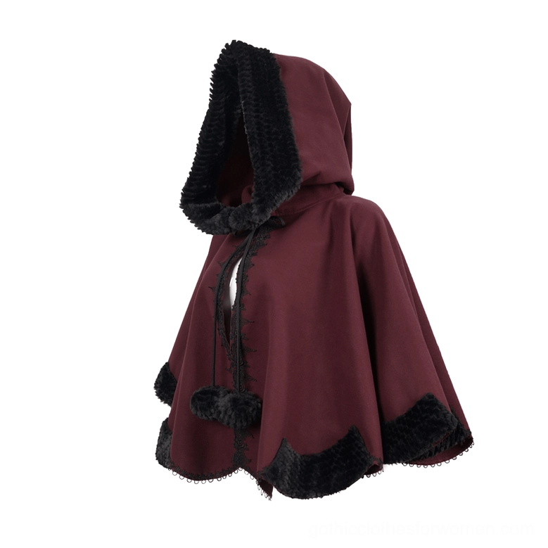 Red gothic cape side view showing hooded design with black fur trim and drawstring pom-poms