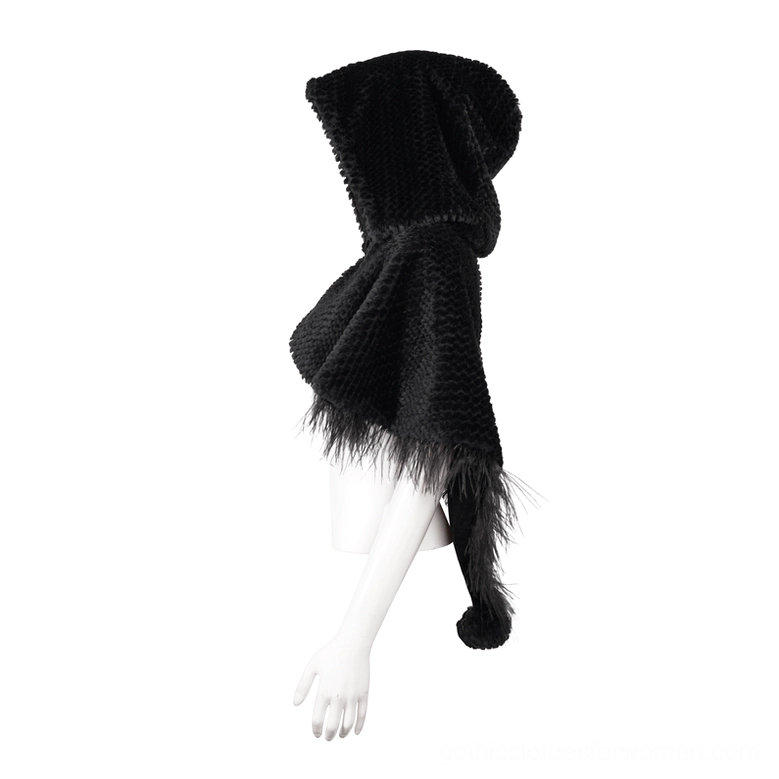 Gothic hooded cape side profile showing hanging pom-pom trim and feather fringe on mannequin