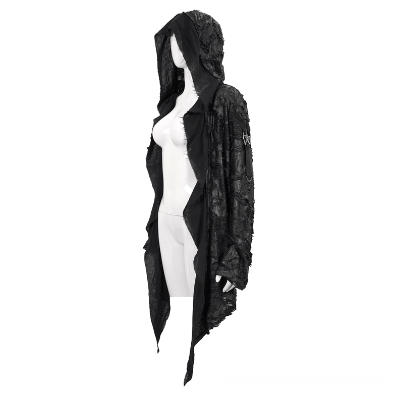 Side profile of distressed black gothic cape with pentagram patch, irregular hem, and textured fabric finish