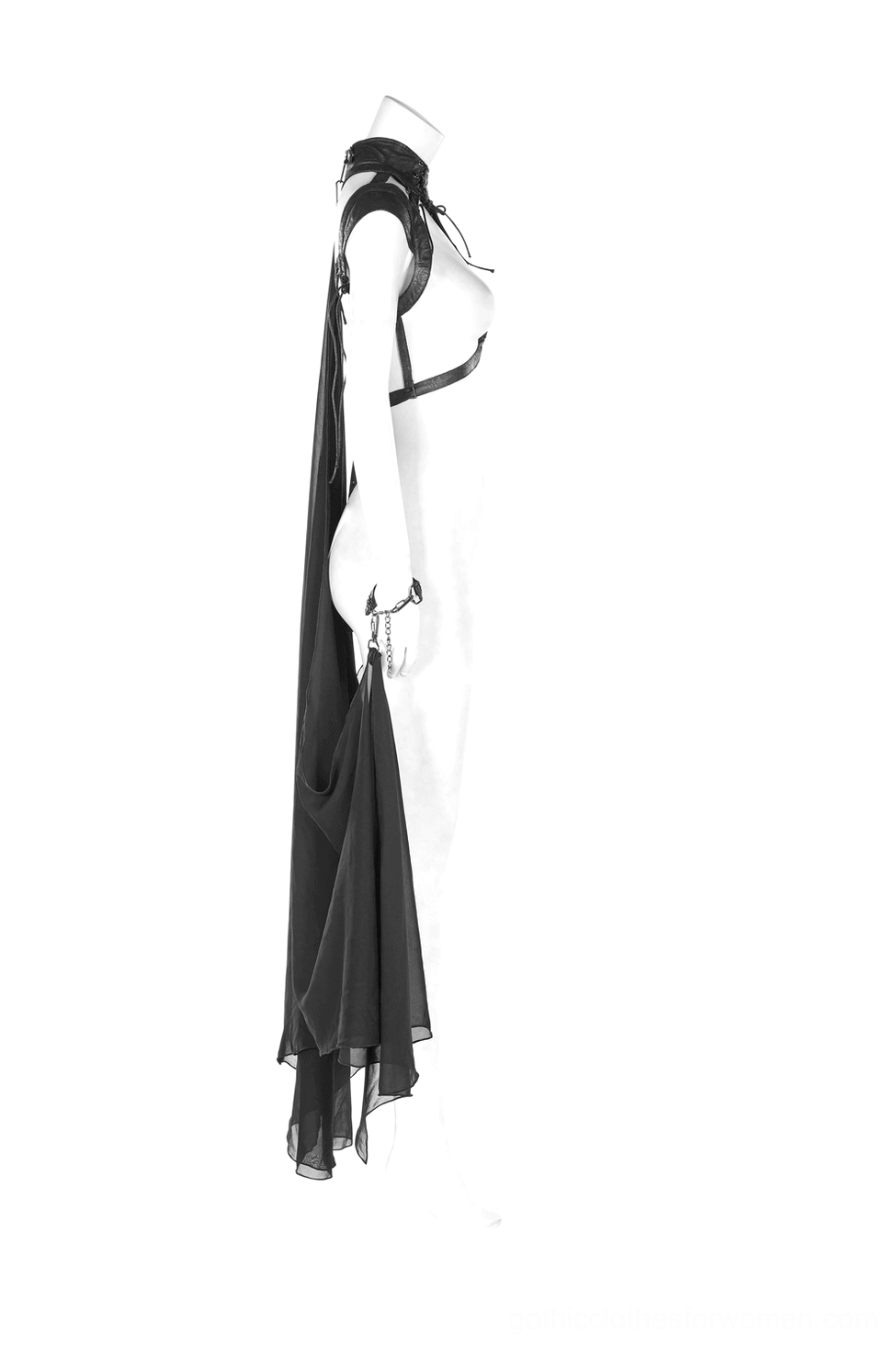 Gothic cape side profile showing draped chiffon cape and back strap details