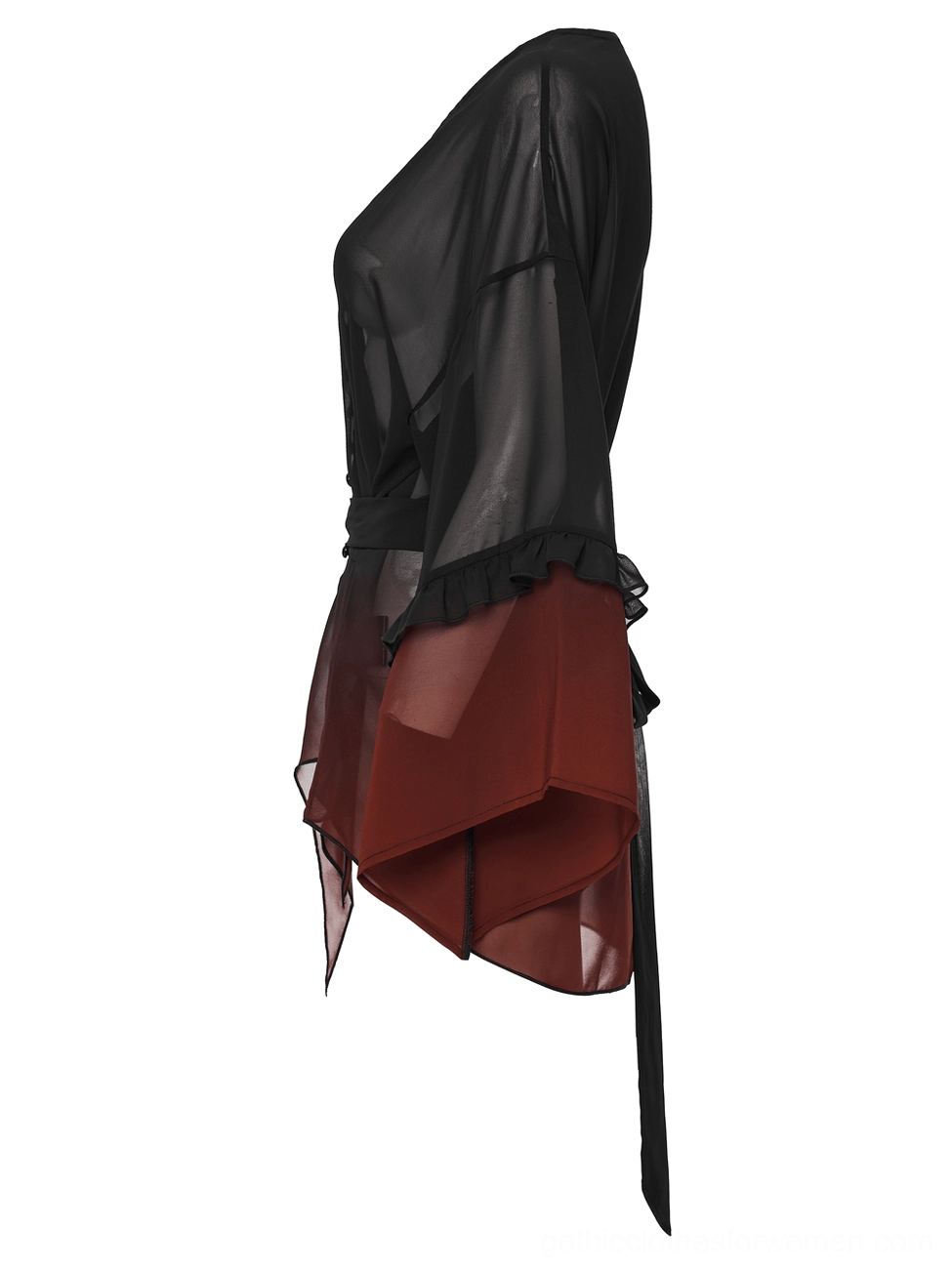 Ombre chiffon gothic cape side three-quarter view showing jagged uneven hem and detachable tie sash belt