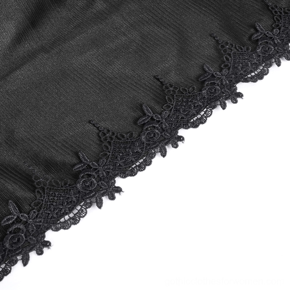 Side angle view of hooded gothic cape on mannequin displaying silhouette, lace detailing, and dramatic drape