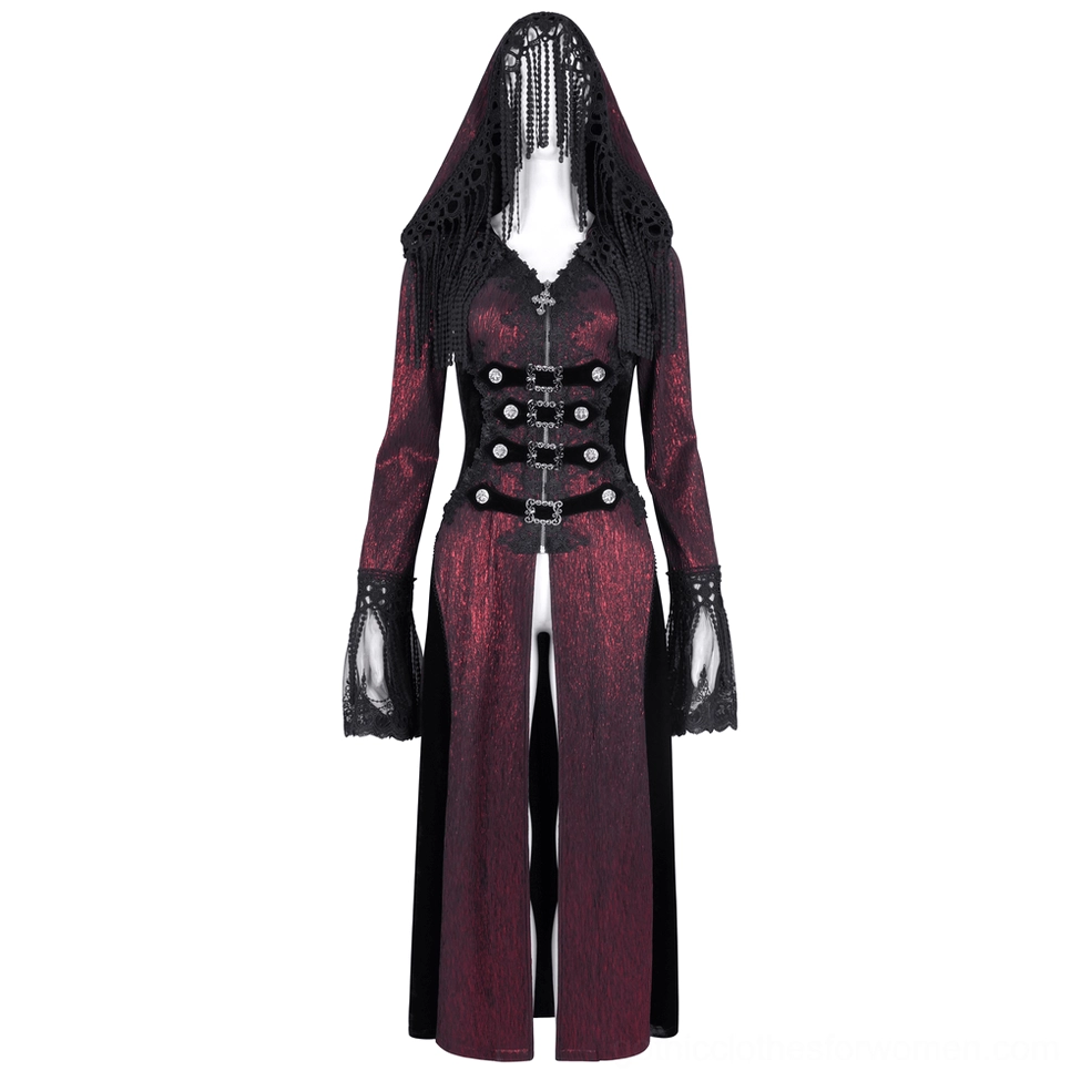 Black lace gothic cape with front buckle closures and split front skirt on mannequin