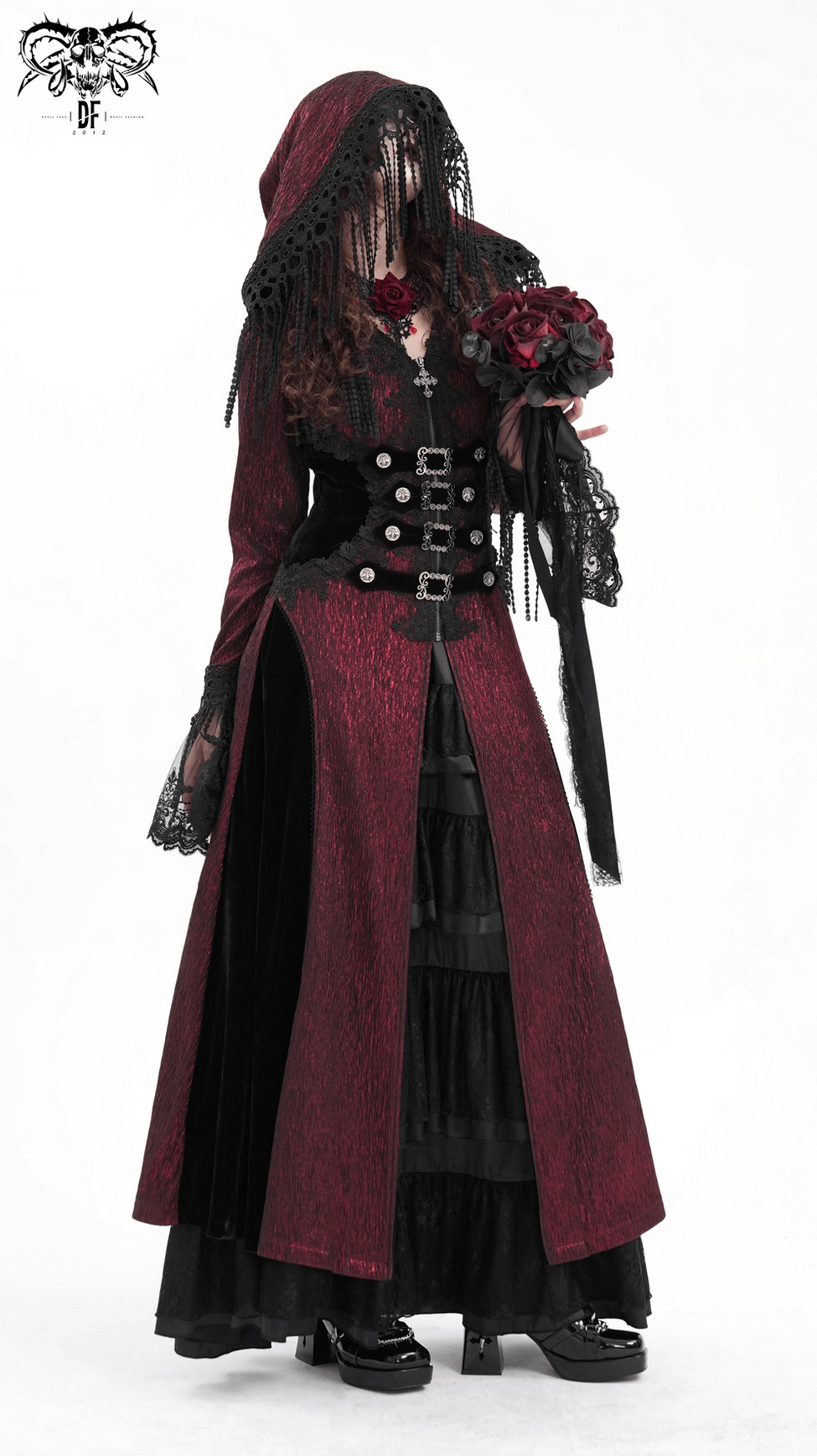 Floor-length gothic cape showing split front design and flowing movement