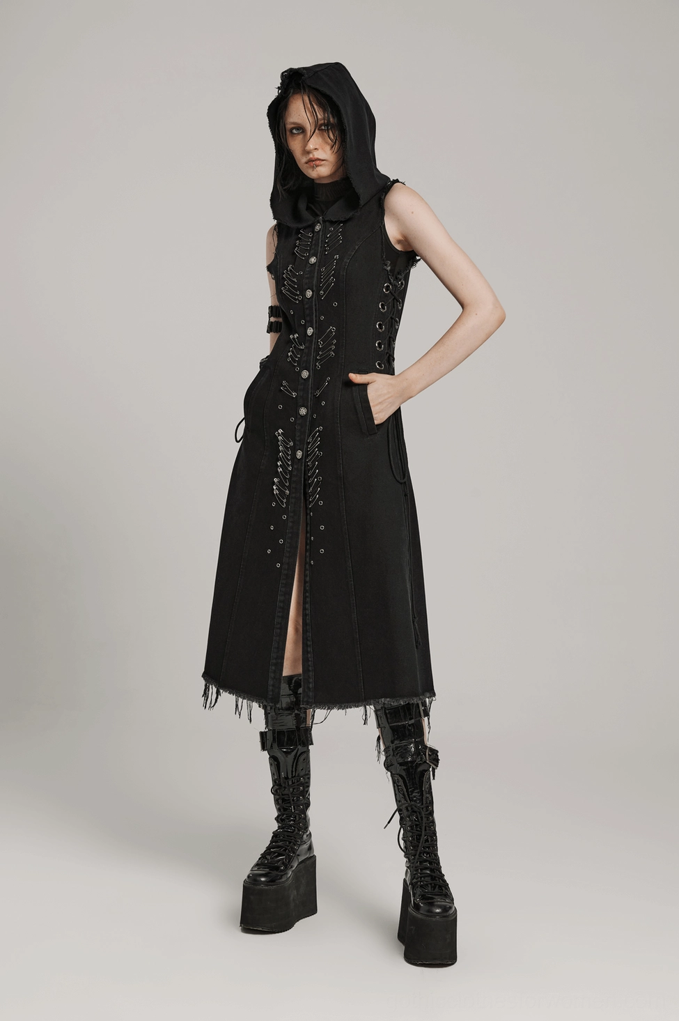 Black gothic denim hooded cape styling reference, worn silhouette and authentic wear appearance
