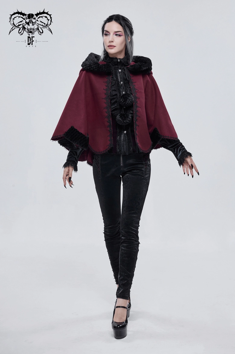 Red gothic cape three-quarter view showing black fur trim details and draping silhouette