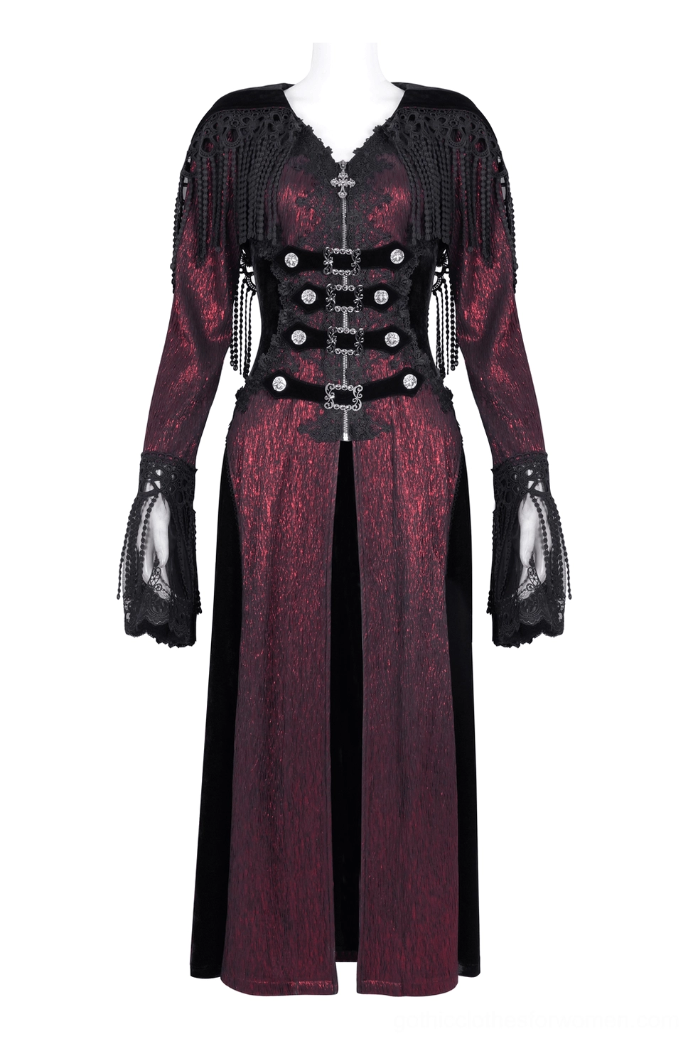 Black gothic cape with V-neck, front buckle fastenings, and flowing split long skirt