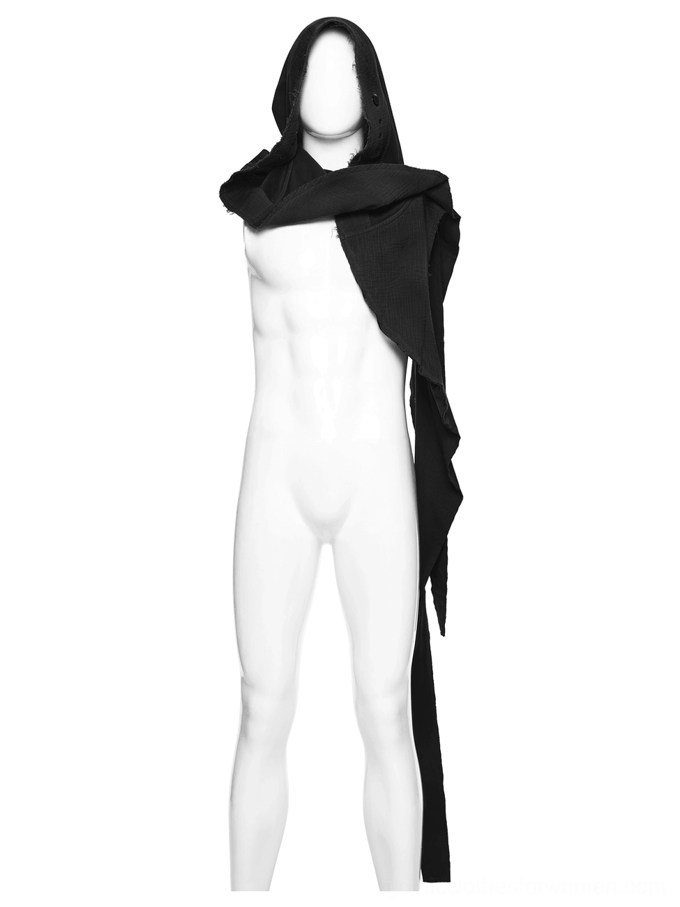 Post-apocalyptic black gothic cape vest front view on display mannequin with single long draped side panel
