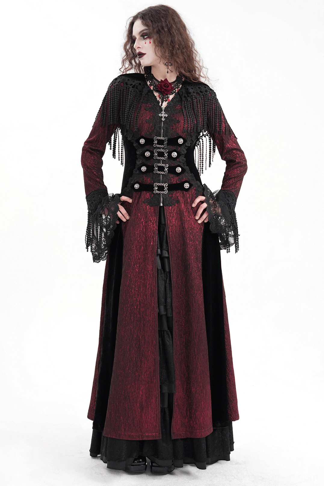 Wine-red gothic cape back view showing lace-up corset construction and tassel trim
