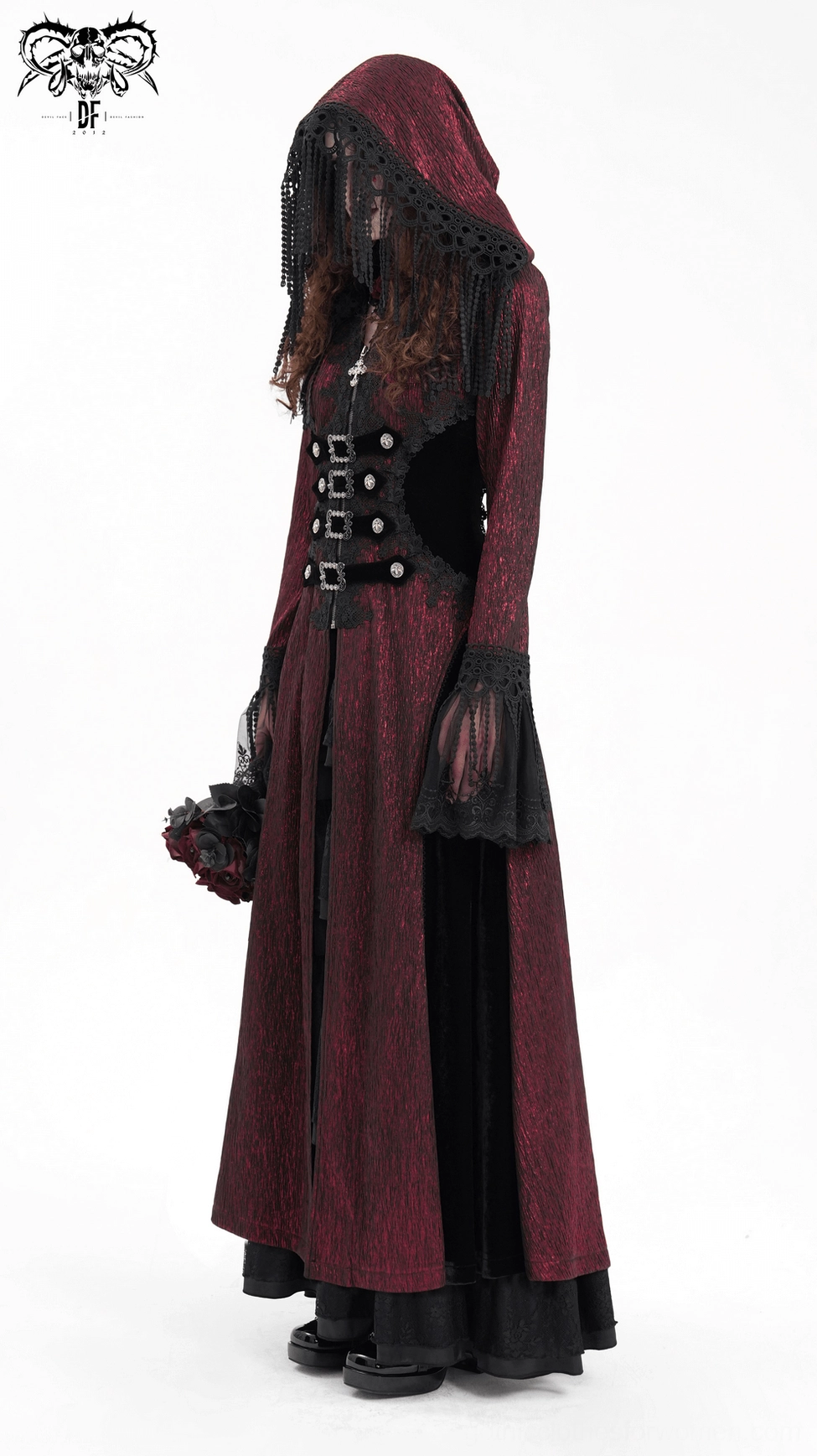 Gothic cape wine-red lining with black lace and beaded tassel hood veil detail