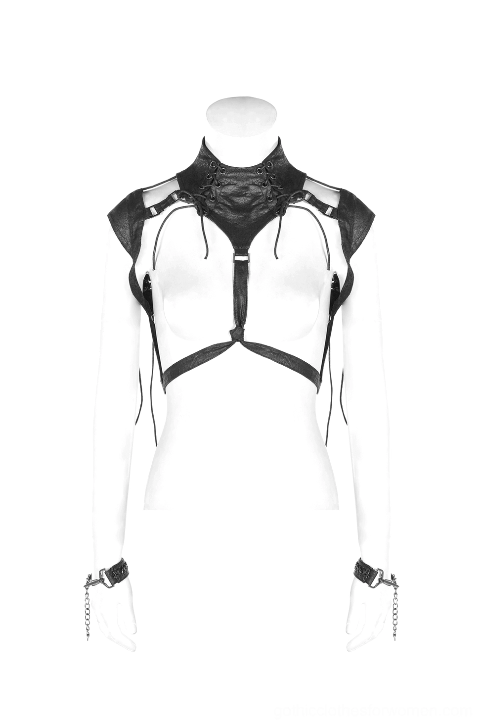 Gothic cape with chain-linked wrist straps and black PU leather harness detail
