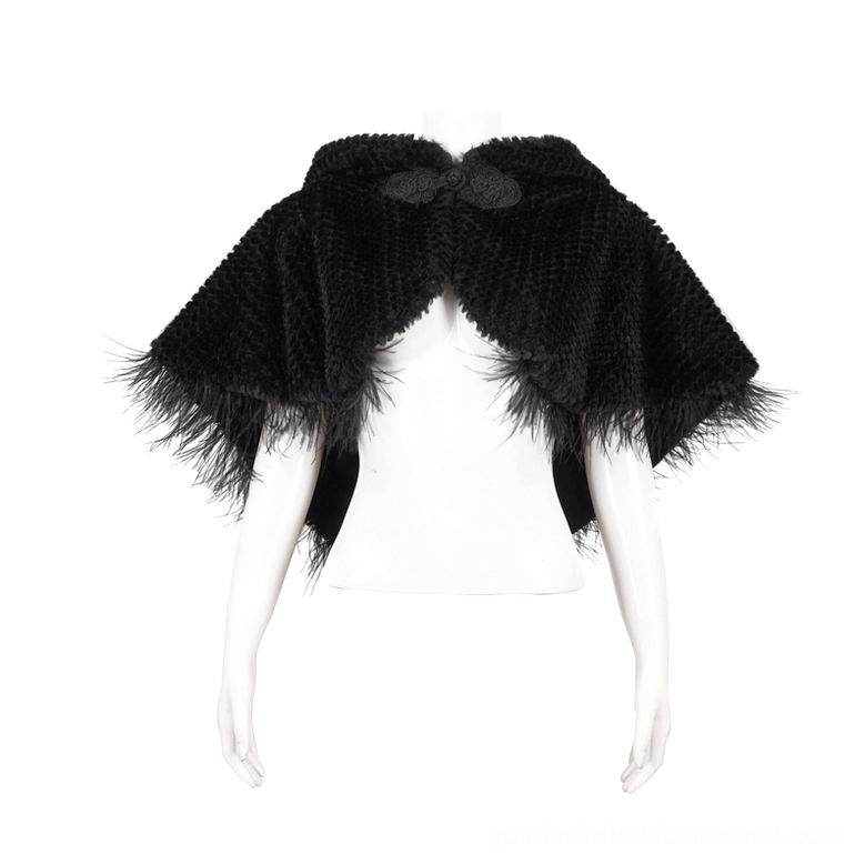 Hooded gothic capelet open front design with feather trim and grainy plush fabric texture