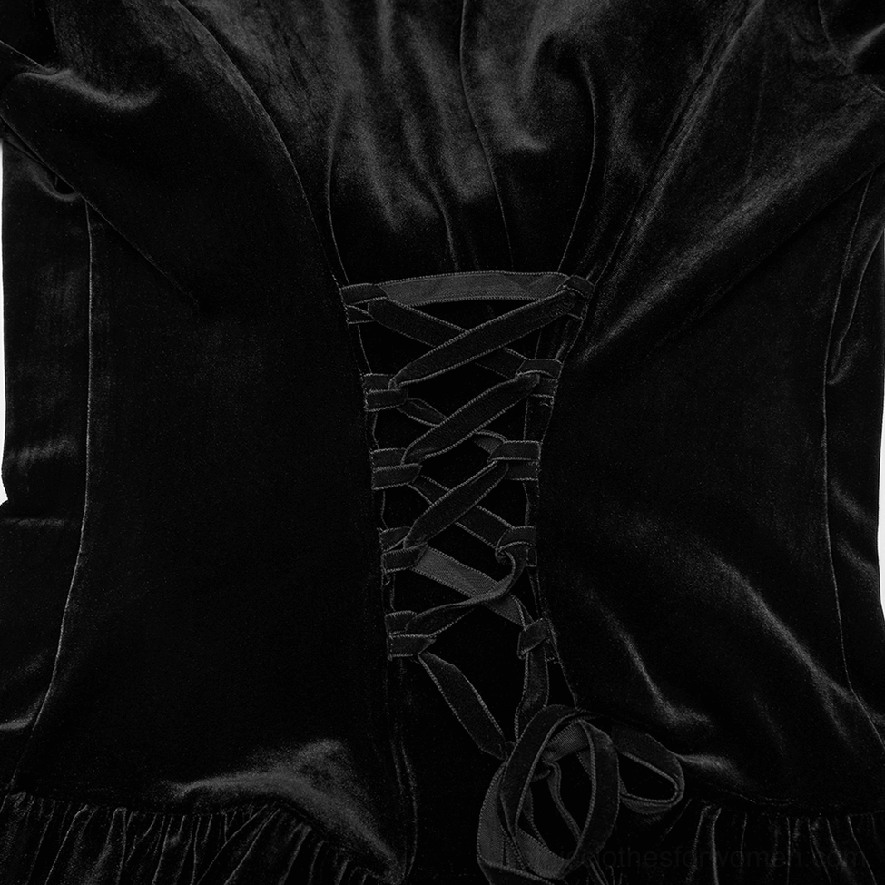 Close-up detail of gothic cardigan lace-up corset back - velvet fabric texture and ribbon lacing system for custom fit