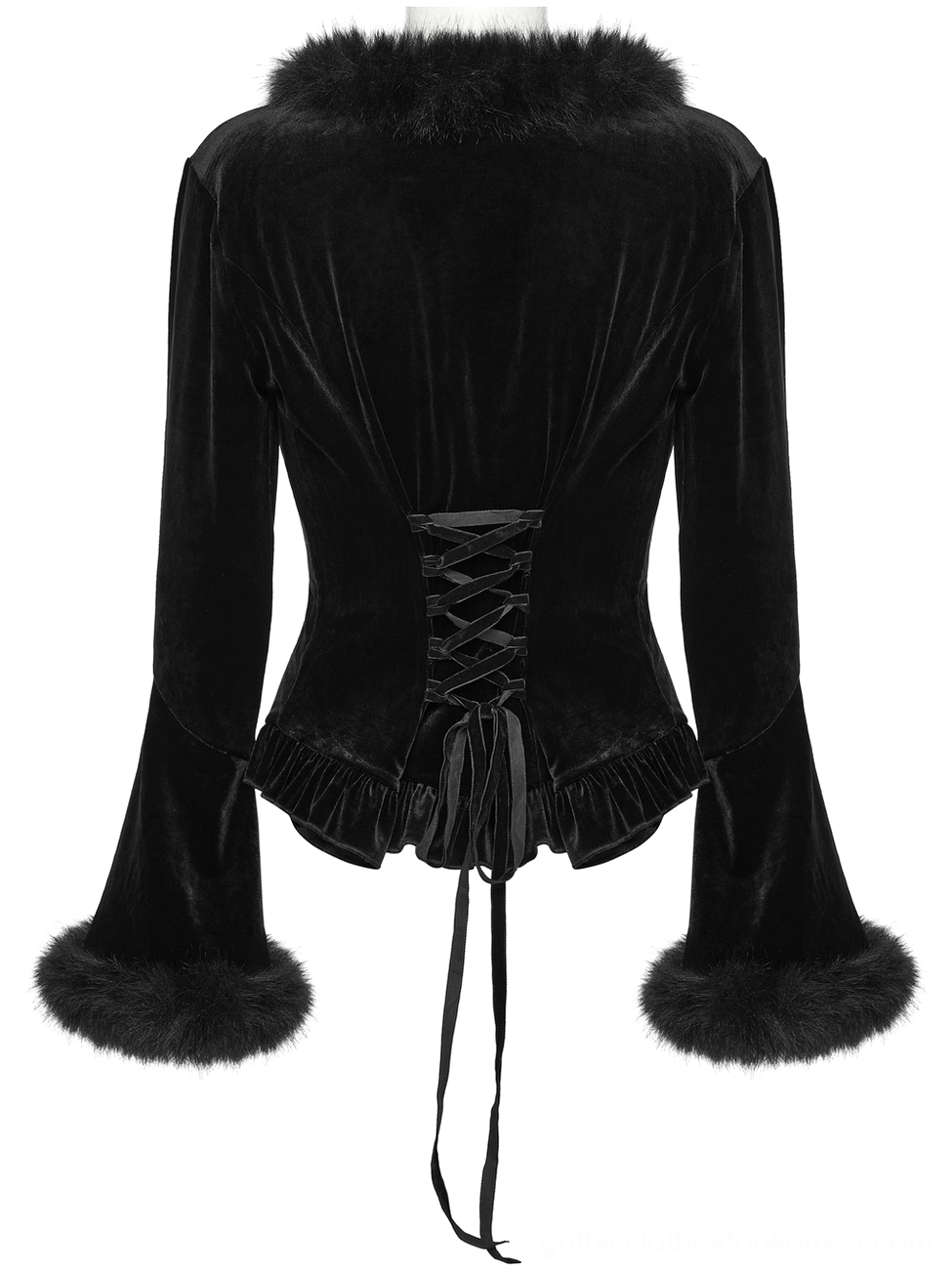 Back view of gothic velvet cardigan - ribbon lace-up corset design, faux fur collar trim, and elegant Victorian-inspired silhouette