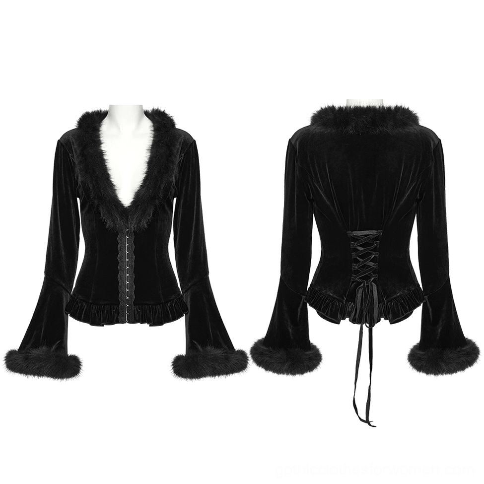 Black velvet gothic cardigan front and back dual view on mannequin - corset lace-up design, faux fur collar, and ruffled hem details