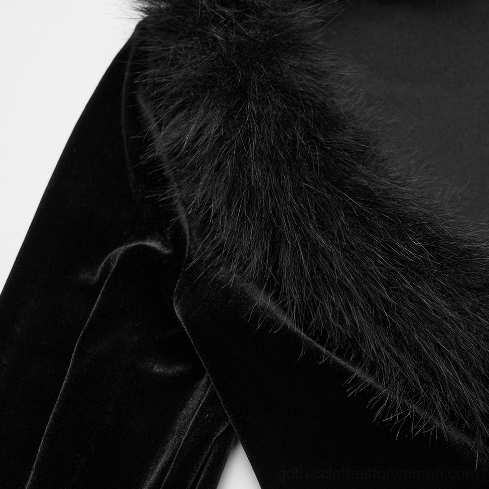 Faux fur trim close-up detail on gothic velvet cardigan - fluffy texture and quality craftsmanship of luxury trim
