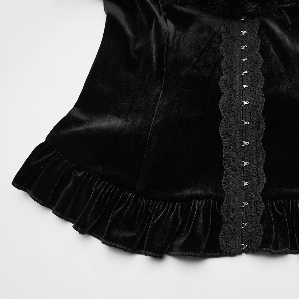 Front detail close-up of gothic cardigan - lace trim, hook-and-eye closures, and ruffled hem on velvet fabric