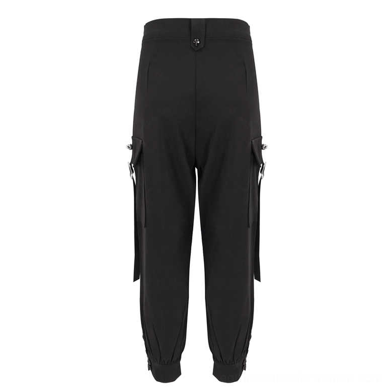 Back view flat lay of women's black gothic cargo jogger pants showing back waist button side cargo pockets and cropped tapered hem