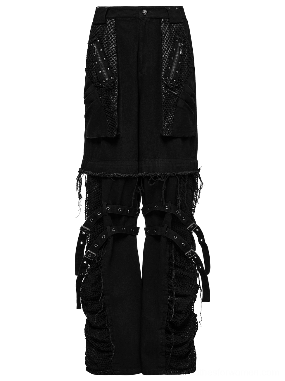 Detachable gothic pants leg section with mesh fabric and ruched details, side flat lay