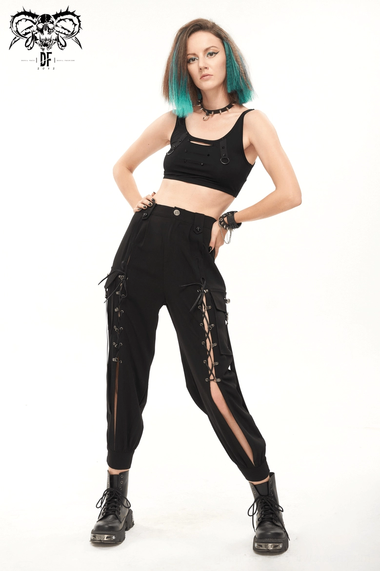 Women's black gothic cargo jogger pants texture close-up showing matte woven polyester spandex blend fabric quality and finish