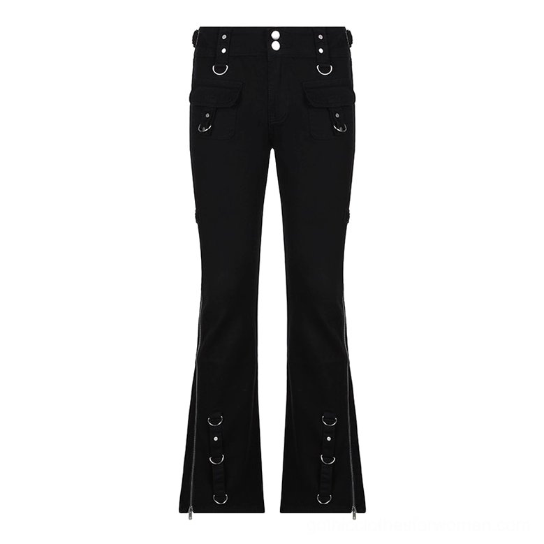 Full-length black flared cargo pants front display with double snap waist and metal hem fasteners