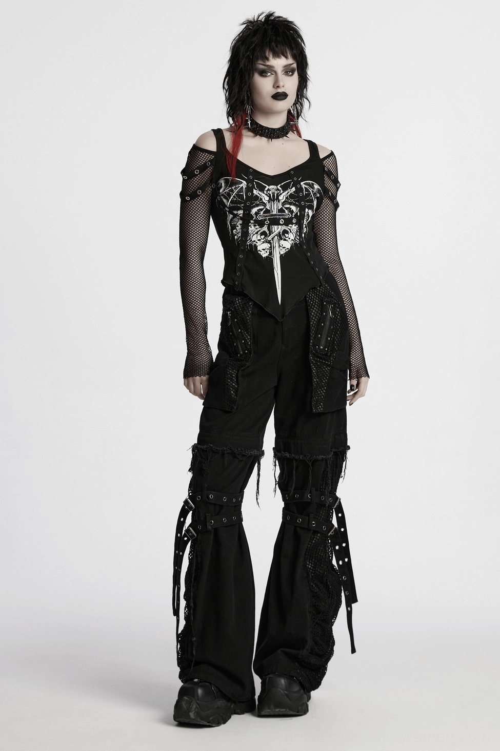 Gothic cargo pants mesh pocket detail with studded accents and precision pleating