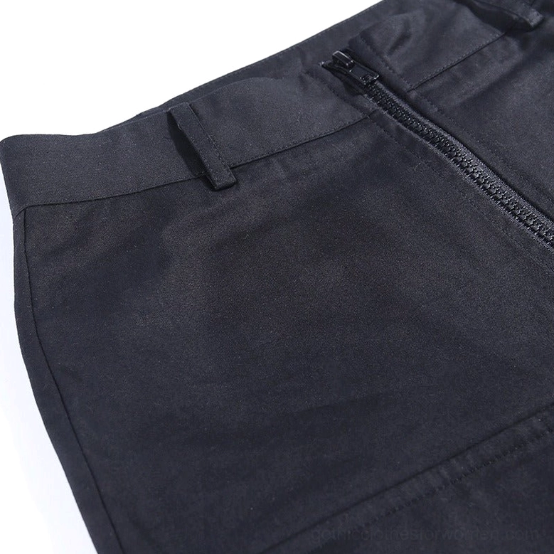 Cargo pants side zipper detail - high-quality metal hardware and woven broadcloth fabric texture on gothic trousers